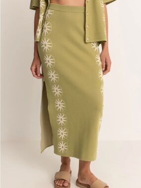 Rhythm Vintage Inspired Knit Midi Skirt Avocado Green